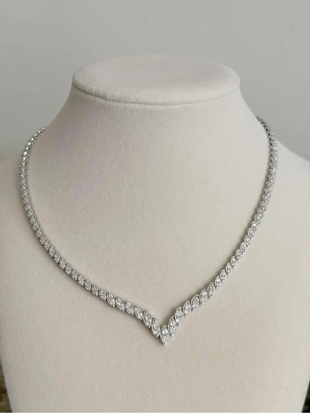 Marquise V-Front Necklace in Silver Tone with Clear Stones